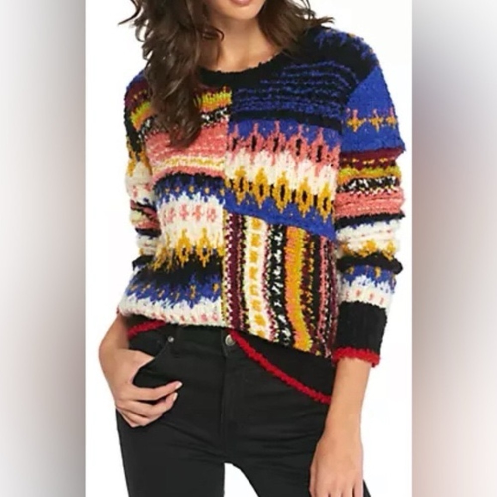 Free People Best Day Ever novelty sweater featuring colorful patchwork design 🆕